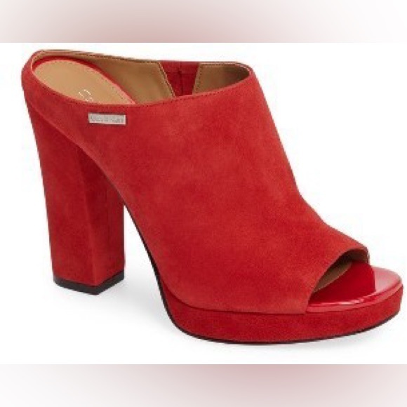 CALVIN KLEIN • Red Leather/Suede High Mule Sandals • 7 • - Picture 1 of 10